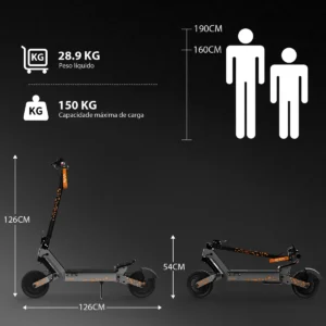 HONEYWHALE H2-Dual Patinete Plegable Negro Aluminio LED Freno de Disco 150kg - Imagen 7