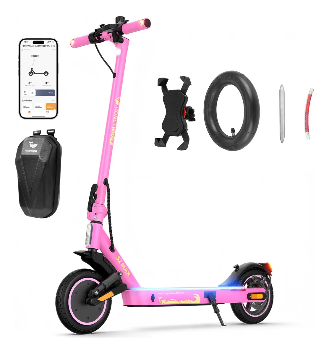 Patinete Plegable HONEYWHALE S2 MAX Rosa Aluminio Bluetooth LED Freno de Disco 120kg