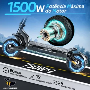 HONEYWHALE T5-2 Patinete Eléctrico Plegable Negro 48V 750W con Bluetooth y Luz LED - Imagen 2