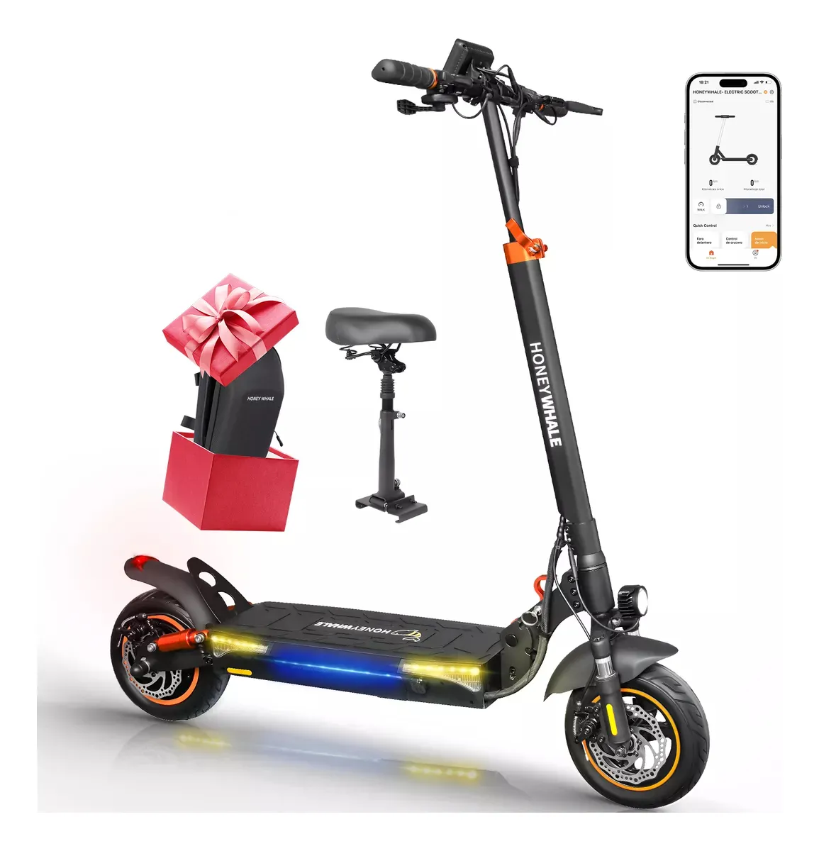 HONEYWHALE T4A Patinete Eléctrico Plegable Negro 750W 48V 10Ah Bluetooth LED Freno de Disco