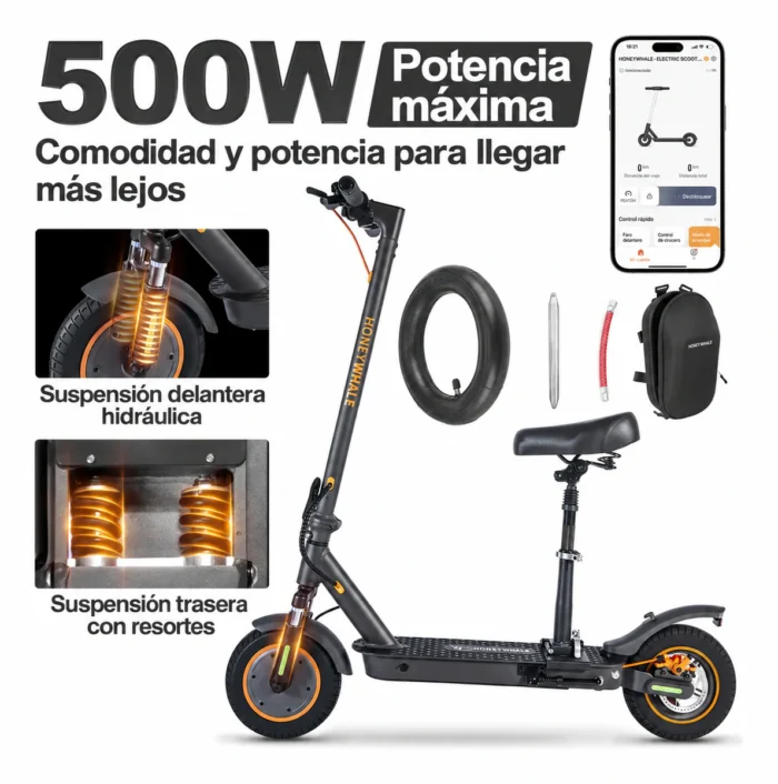 HONEYWHALE M2 MAX-B Patinete Eléctrico Plegable Negro/Naranja 36V 500W con Bluetooth, Luz LED y Freno de Disco