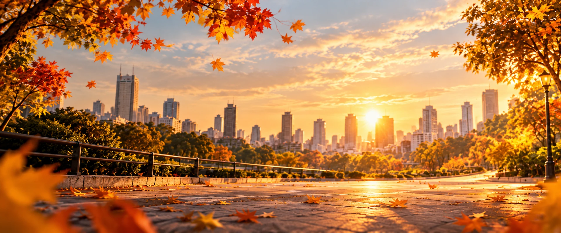 Parque urbano brasileiro iluminado pelo pôr do sol no outono